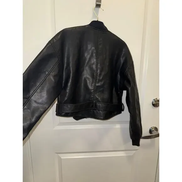 Zara Faux Leather Cropped Bomber Jacket Women Black Belted Moto Style - Picture 6 of 17